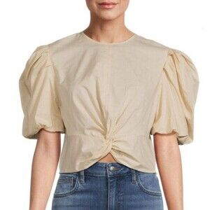 New VINCE Wn's (L) Beige-Pale Fawn Puff Sleeve Twist Front Crop Cotton Top $295